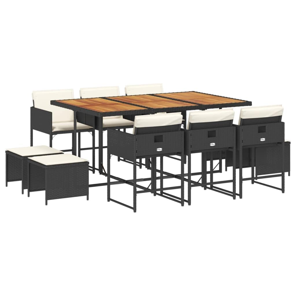 vidaXL - 11 Piece Black Patio Dining Set - PE Rattan - with Cushions - Outdoor/Garden/Backyard - Acacia Wood Table - Space-Saving Design