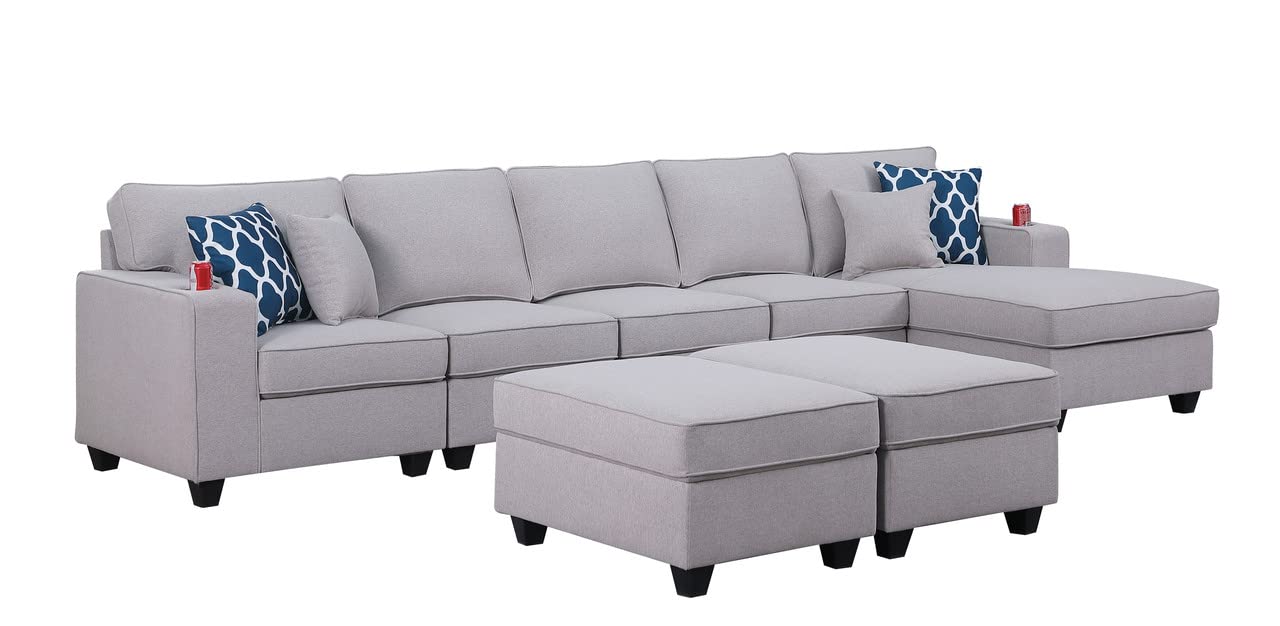 Lilola Home Cooper Light Gray Linen Sectional Sofa Chaise with 2 Ottomans and Cupholder