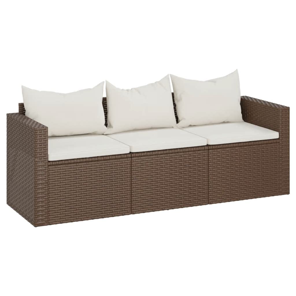 vidaXL 3-Seater Outdoor Patio Sofa with Removable Cushions, PE Poly Rattan Construction and Powder-Coated Steel Frame in Brown