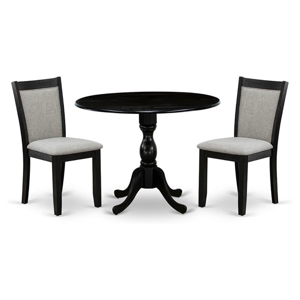 East West Furniture DMMZ3-AB6-06 3 Piece Modern Dining Table Set Contains a Round Wooden Table with Dropleaf and 2 Shitake Linen Fabric Parsons Dining Chairs, 42x42 Inch, Wirebrushed Black