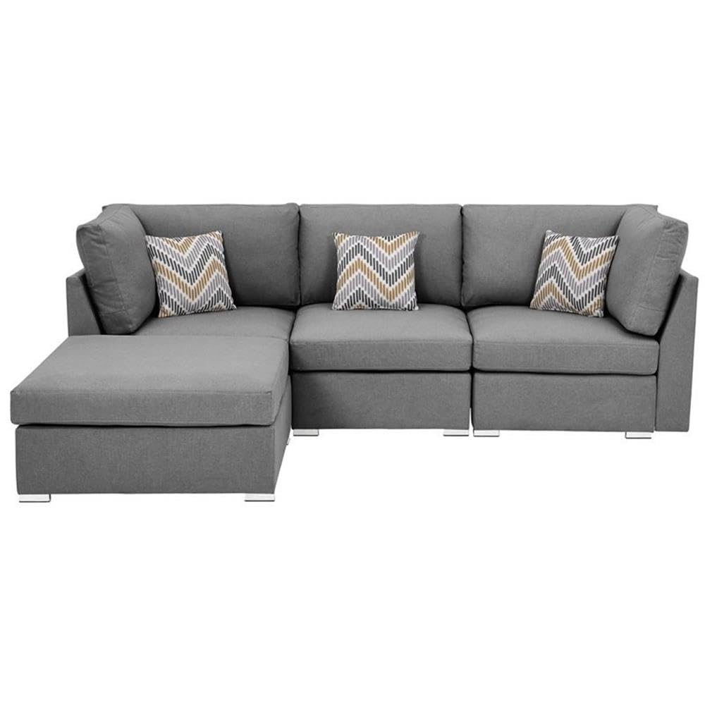 Lilola Home Amira Gray Fabric Sofa with Ottoman and Pillows