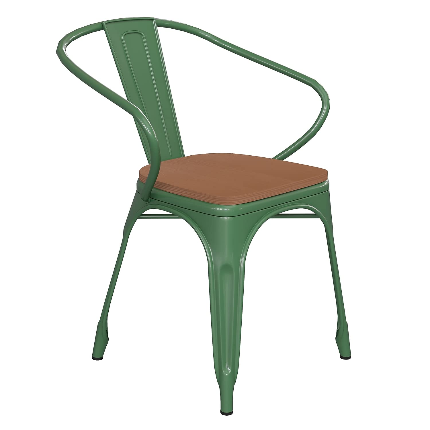 Flash Furniture Luna Commercial Grade Indoor-Outdoor Stack Chair with Arms - Green Metal Frame - Teak All-Weather Polystyrene Seat - Vertical Slat Back