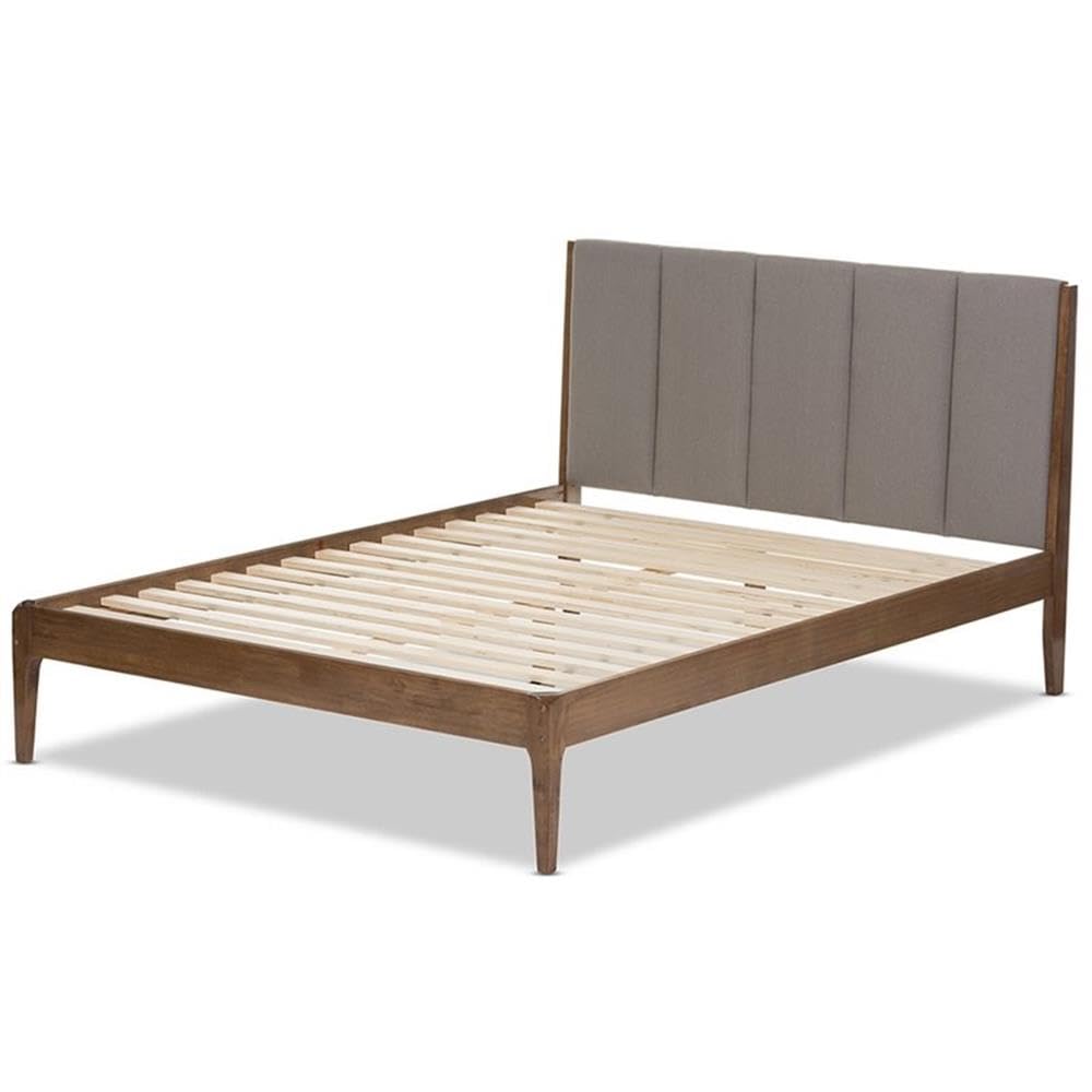 Baxton Studio Ember Mid-Century Light Grey Fabric and Medium Brown Finish Wood Queen Size Platform Bed
