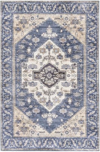 HomeRoots 533286 4 x 6 ft. Blue & Beige Oriental Traditional Power Loomed Distressed Washable Non Skid Rectangle Area Rug