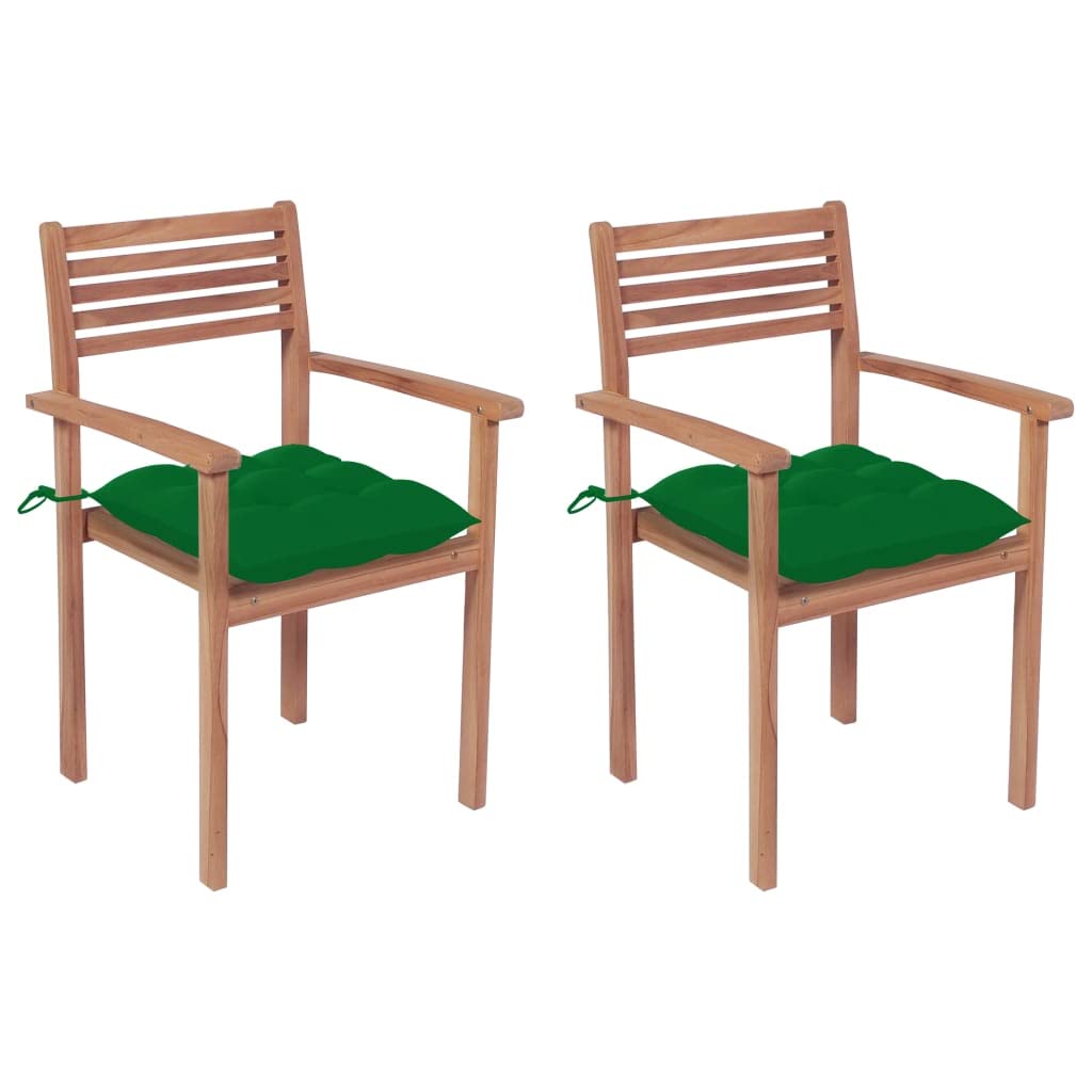 vidaXL Solid Teak Wood Patio Chairs - Durable and Weather-Resistant Outdoor Furniture with Green Cushions, Stackable for Easy Storage - Ideal for Home, Office, Café