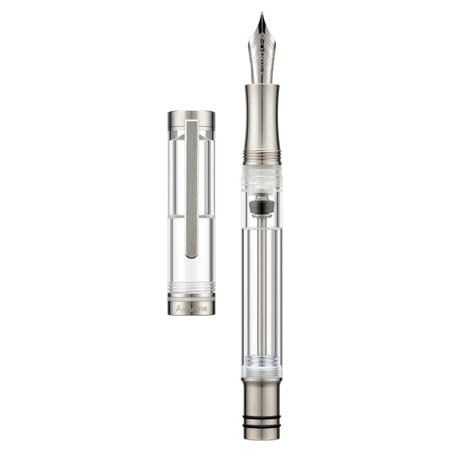 Asvine V200 Titanium Fountain Pen Vacuum Filling, Germany Bock Fine Point Clear Transparent Acrylic Smooth Writing Pen Case