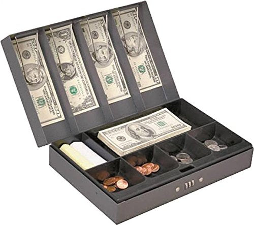 Rocky Mountain Goods Cash Box With Money Tray Combination Lock - 4 Spring Loaded Bill Clips - Six Compartment Tray For Change -