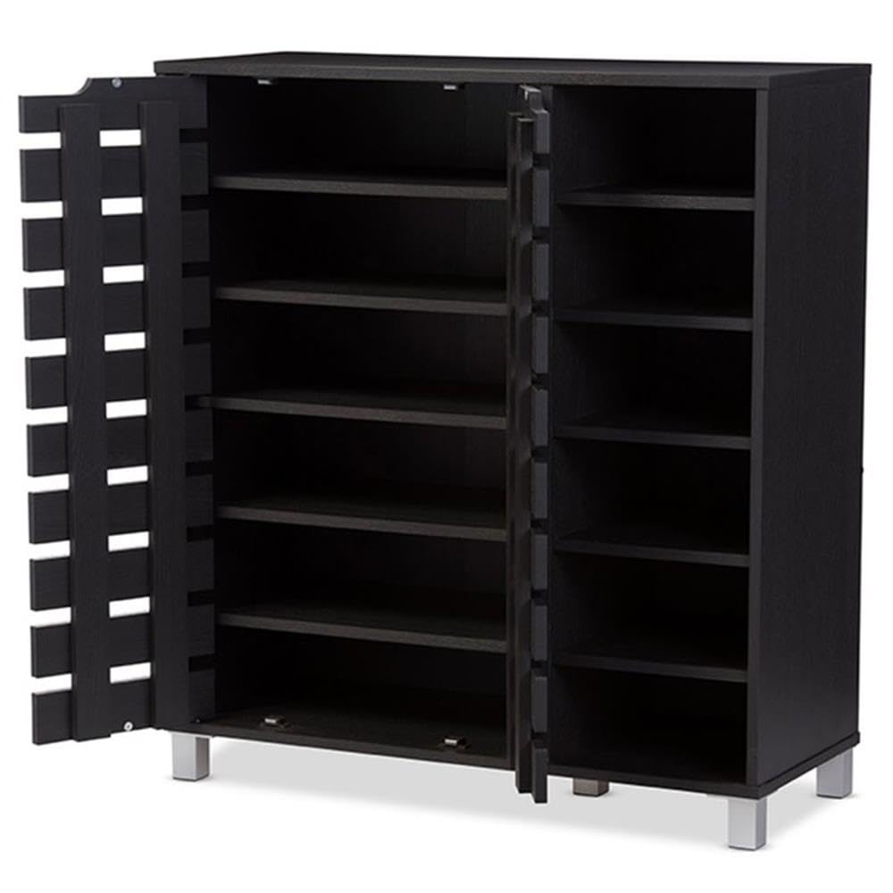 Baxton Studio Shirley Modern & Contemporary Wood 2-Door Shoe Cabinet with Open Shelves, Dark Brown