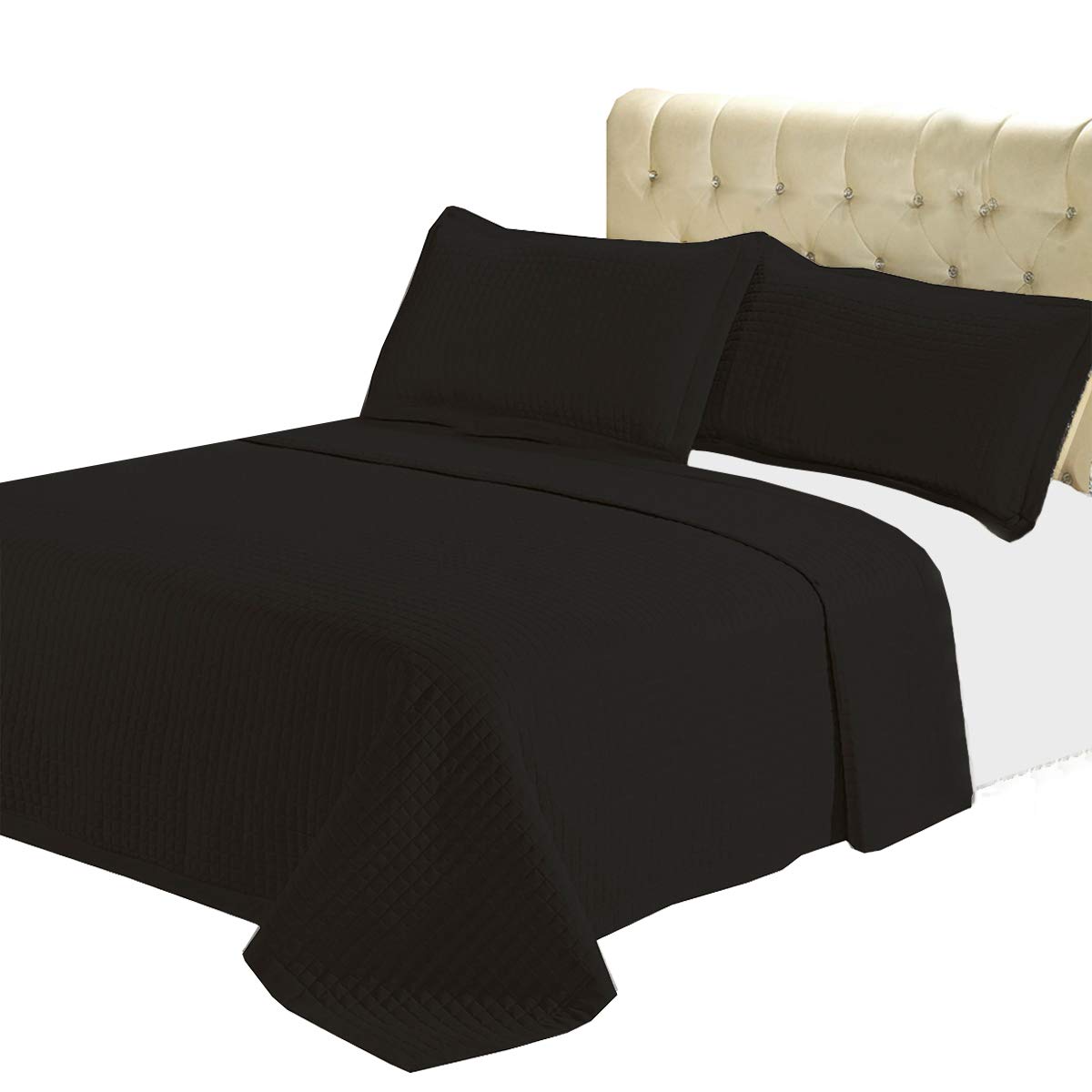 Sheetsnthings Luxury Checkered Quilted Wrinkle Free Microfiber 3 Piece Coverlets Set (Black, Full/Queen)