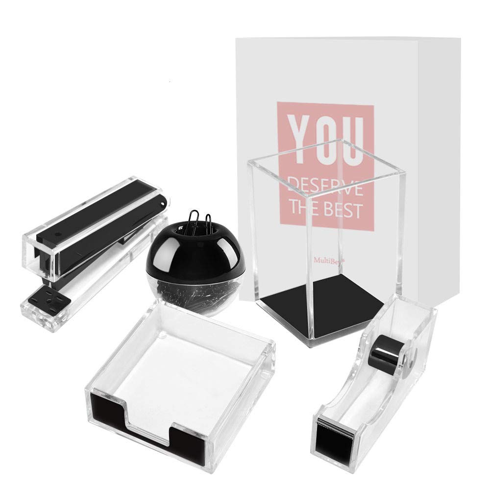 Clear Black Acrylic Office Supplies Desk Organizer Set Stapler, Tape Dispenser, Sticky Notes Tray, Magnetic Paper Clips Dispense