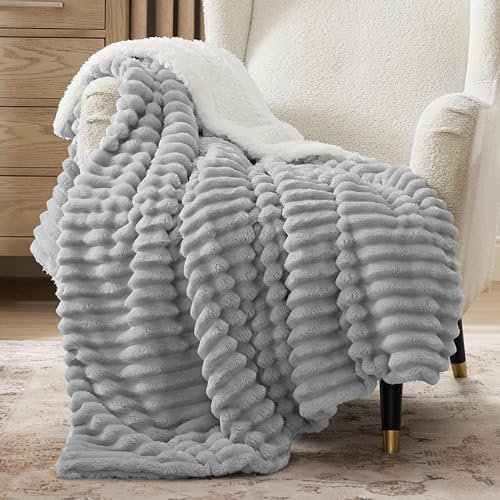 Bedsure Sherpa Throw Blanket For Couch - Super Soft Cozy Fleece Thick Warm Blanket For Winter, Plush Grey Throw Gift For Women, 50X60 Inches