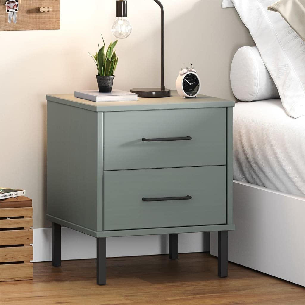 vidaXL &quot;Oslo Solid Pine Wood Bedside Cabinet in Gray with Metal Legs and 2 Drawers - Industrial-Style Bedroom Furniture, Ample Storage