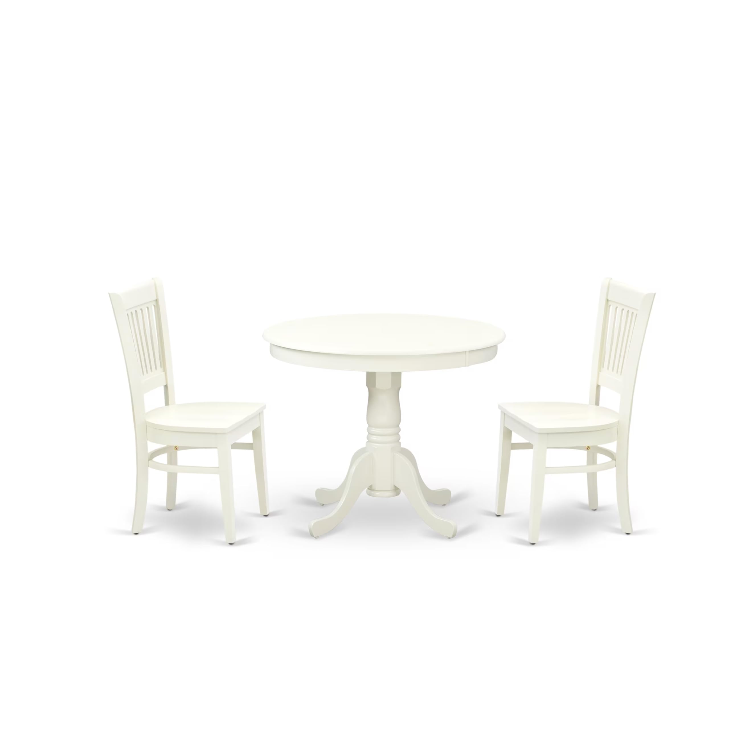 East West Furniture Anva3-Lwh-W 3 Piece Dining Room Furniture Set Contains A Round Dining Table With Pedestal And 2 Wood Seat Chairs, 36X36 Inch, Linen White