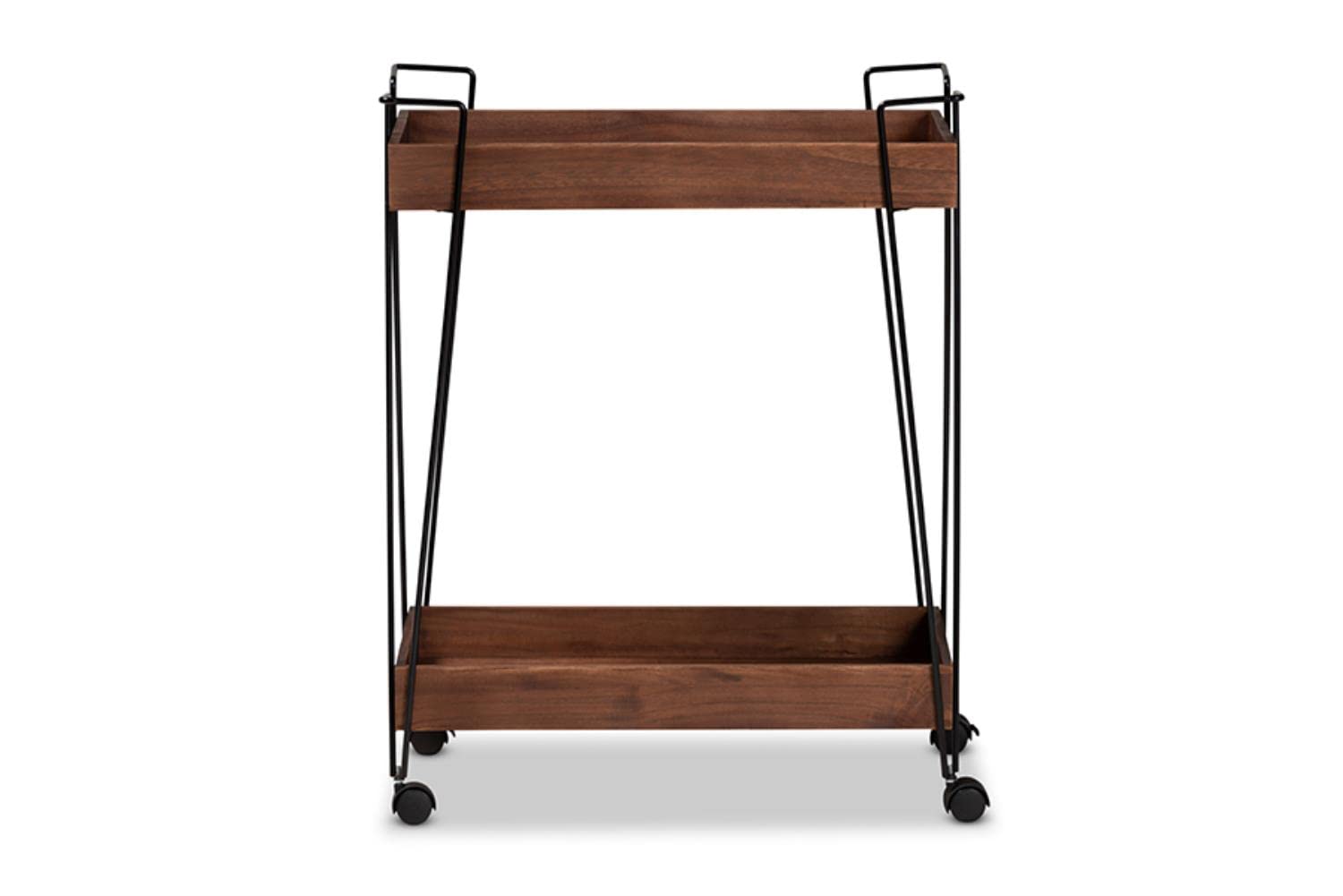 Baxton Studio Reynard Modern and Industrial Walnut Brown Finished Wood and Black Metal 2-Tier Wine Cart