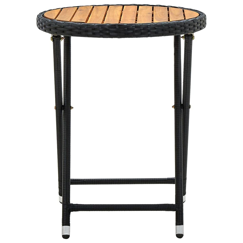 vidaXL - Black Poly Rattan Outdoor Tea Table with Solid Acacia Wood Top - 23.6" Diameter, UV-Resistant, Foldable, Assembly Required.