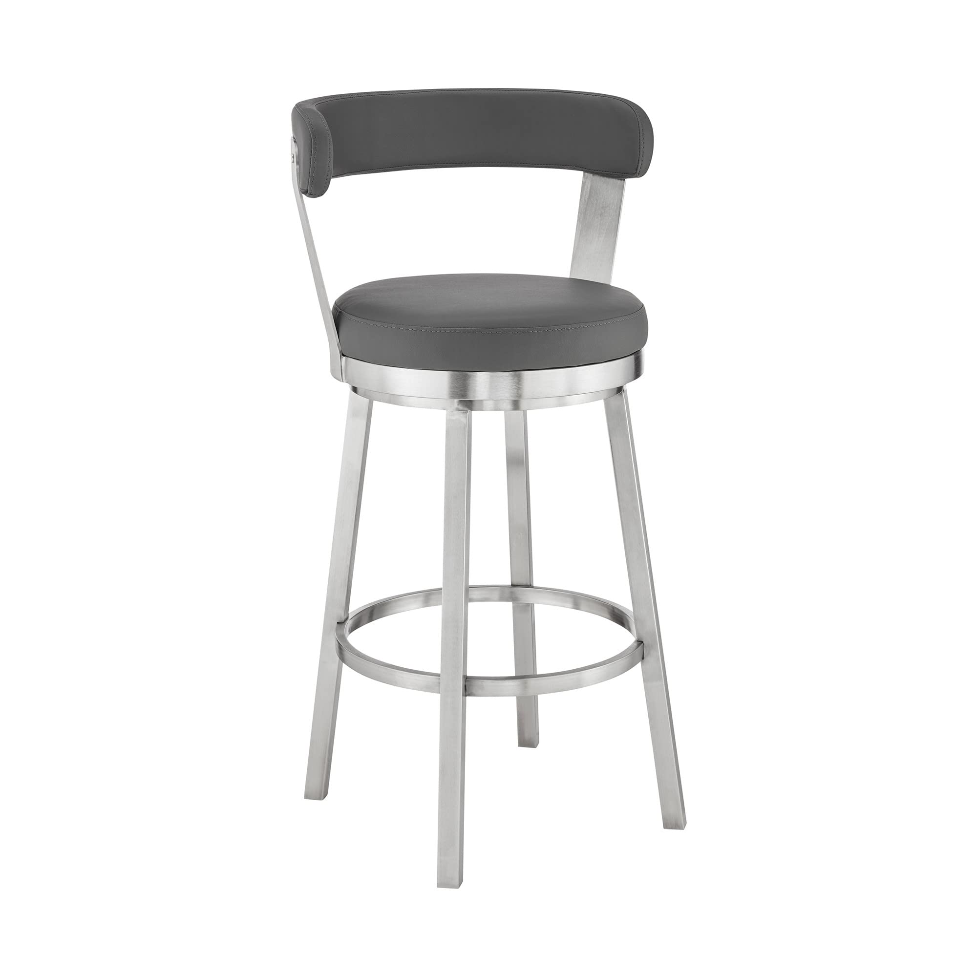 HomeRoots Gray 26' Chic Grey Faux Leather with Stainless Steel Finish Swivel Bar Stool