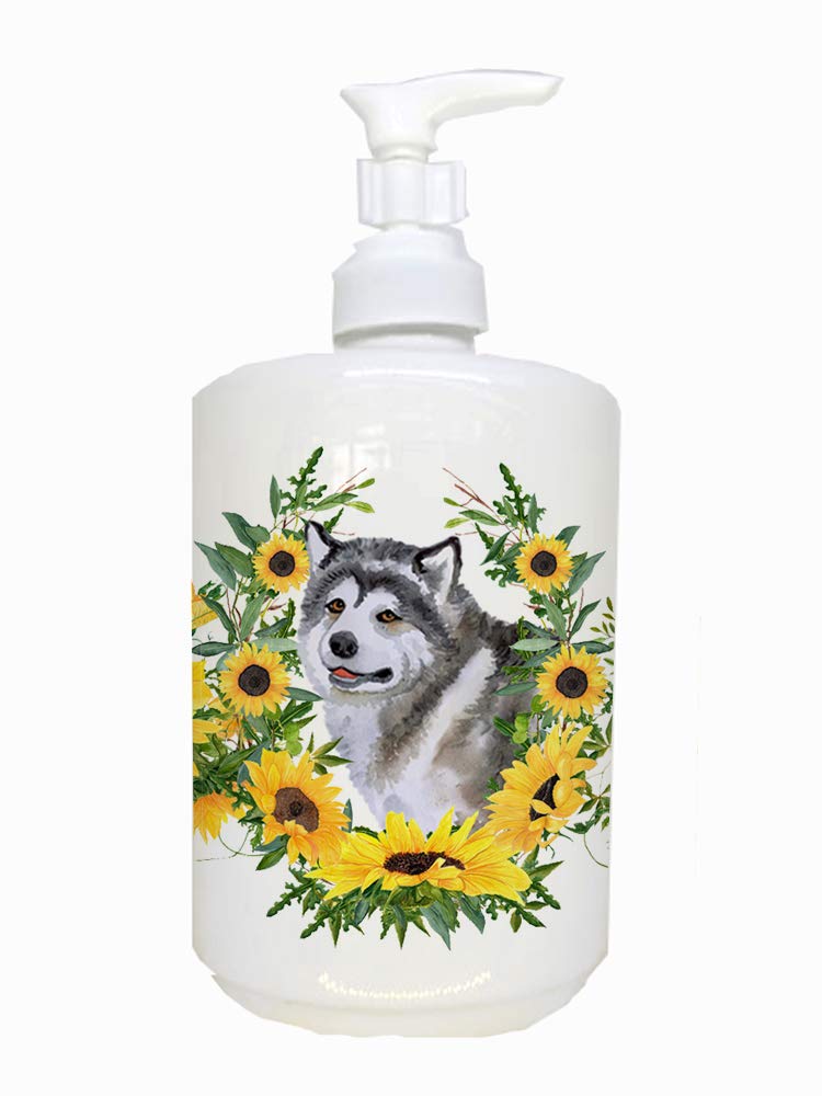 Caroline's Treasures CK2830SOAP Alaskan Malamute in Sunflowers Ceramic Soap Dispenser Hand Soap Dispenser Pump Bottles for Bathr