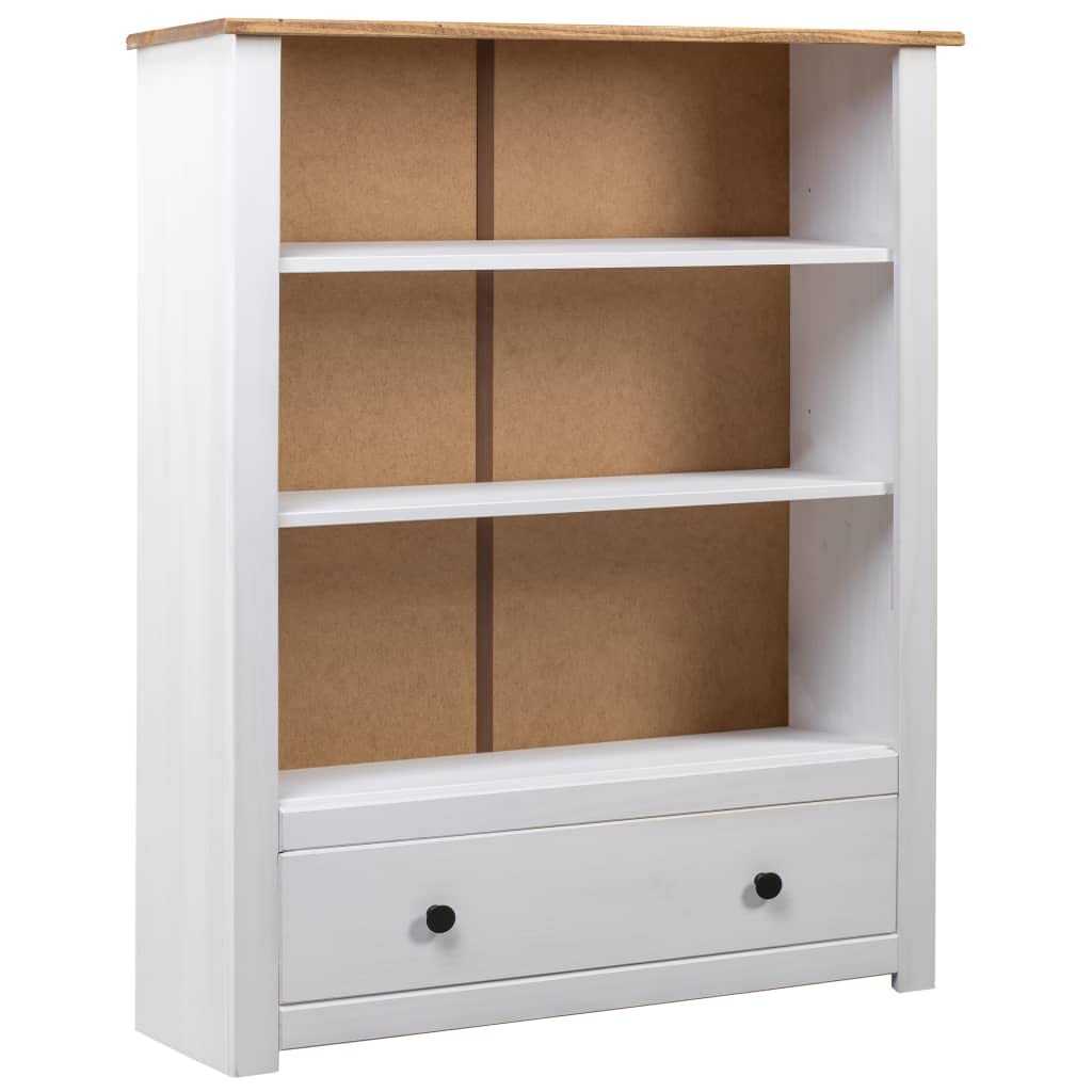 vidaXL Solid Pine Wood Bookcase with 3 Shelves and Spacious Drawer - Farmhouse Style, Rustic White Panama Range