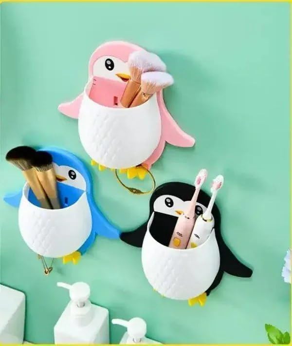 KUMISHRI Cute Penguin Wall Mounted Organizer Holder Set of 3, MultiColor Storage Containers for Makeup Brushes, Toothbrush & Ac