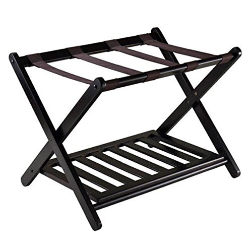 Wiinsome Wood Reese Luggage Rack - Sleek & Sturdy Design, Espresso Finish, Foldable & Easy to Store, Holds up to 75lbs, Lower Shelf for Personal Items, No Assembly Required - 26.5'W x 18.6'D x 20'H