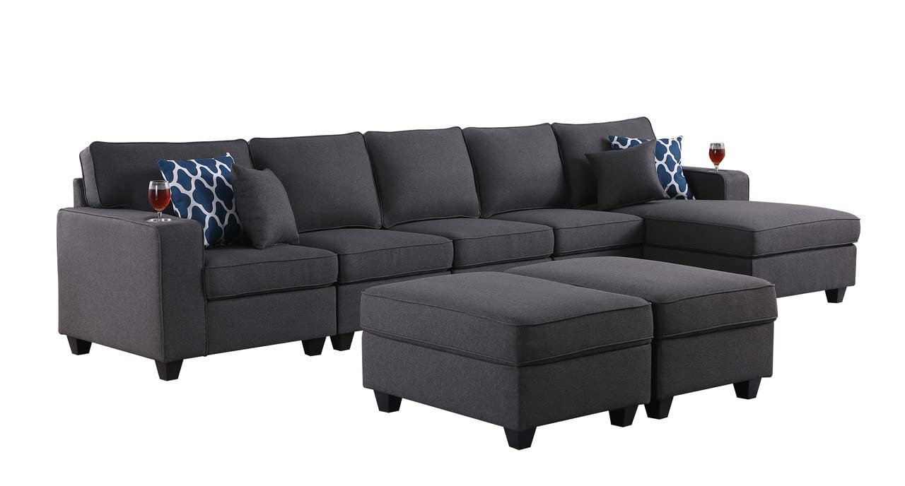 Lilola Home Cooper Light Gray Linen Sectional Sofa Chaise with 2 Ottomans and Cupholder