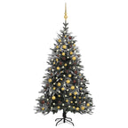 vidaXL Pre-Decorated Artificial Christmas Tree with Flocked Snow, LED Lights, and Decorative Balls, Green White and Gold, 70.9"