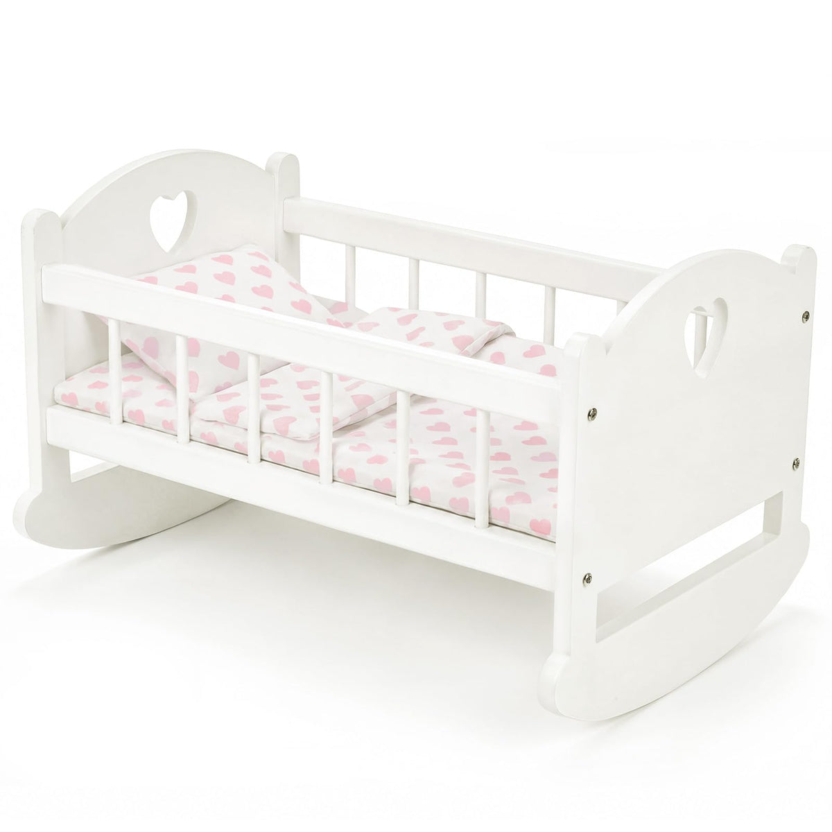 BABESIDE Wooden Baby Doll Crib for 1216 Inch Dolls, Doll Bed with Pink Heart Bedding, Doll Furniture Baby Doll Accessories for 