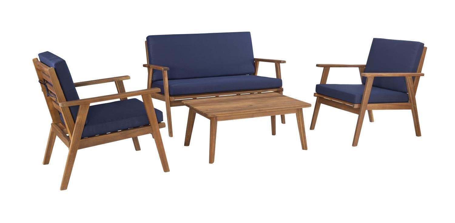 Cole Outdoor Chat 4 Piece Seating Set With Blue Cushions
