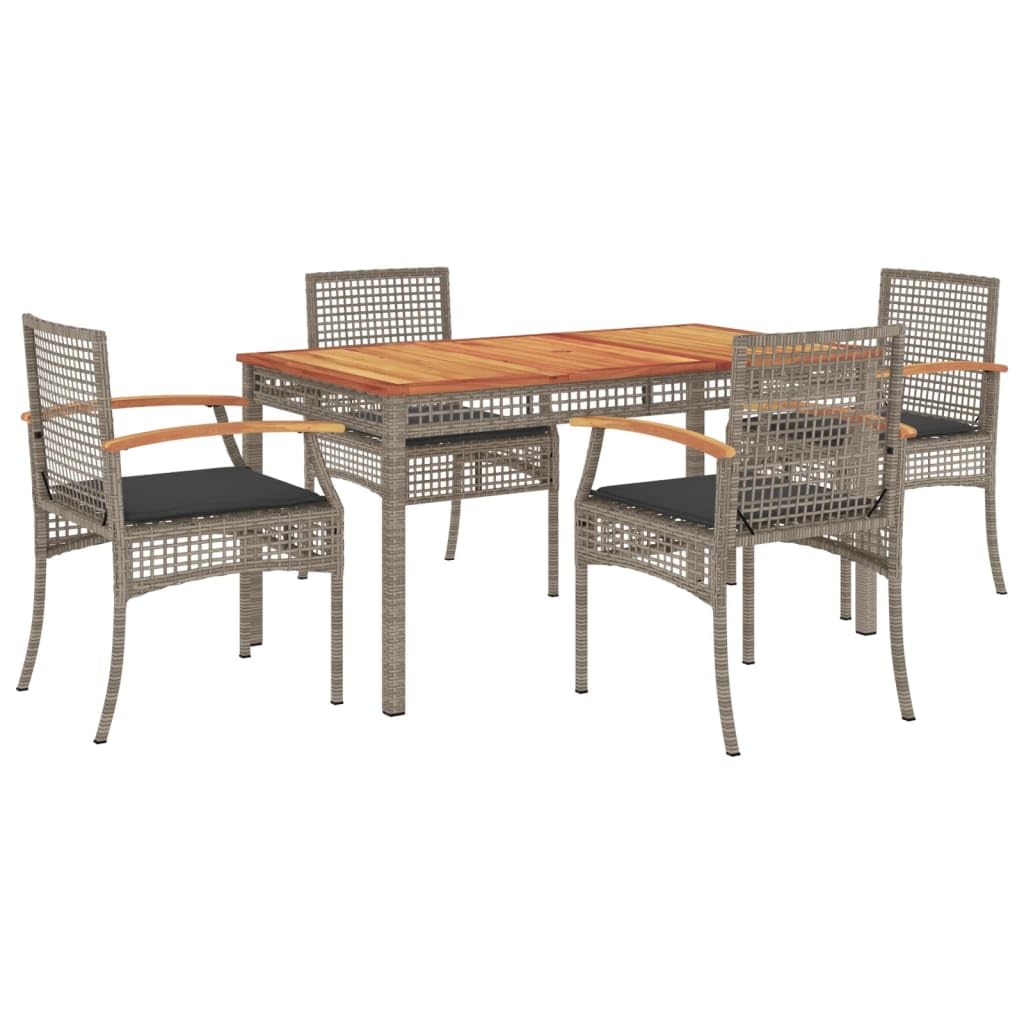 vidaXL Patio Dining Set - 5 Piece Outdoor Furniture with Cushions, Gray Poly Rattan, Acacia Wood Top, for Garden Patio