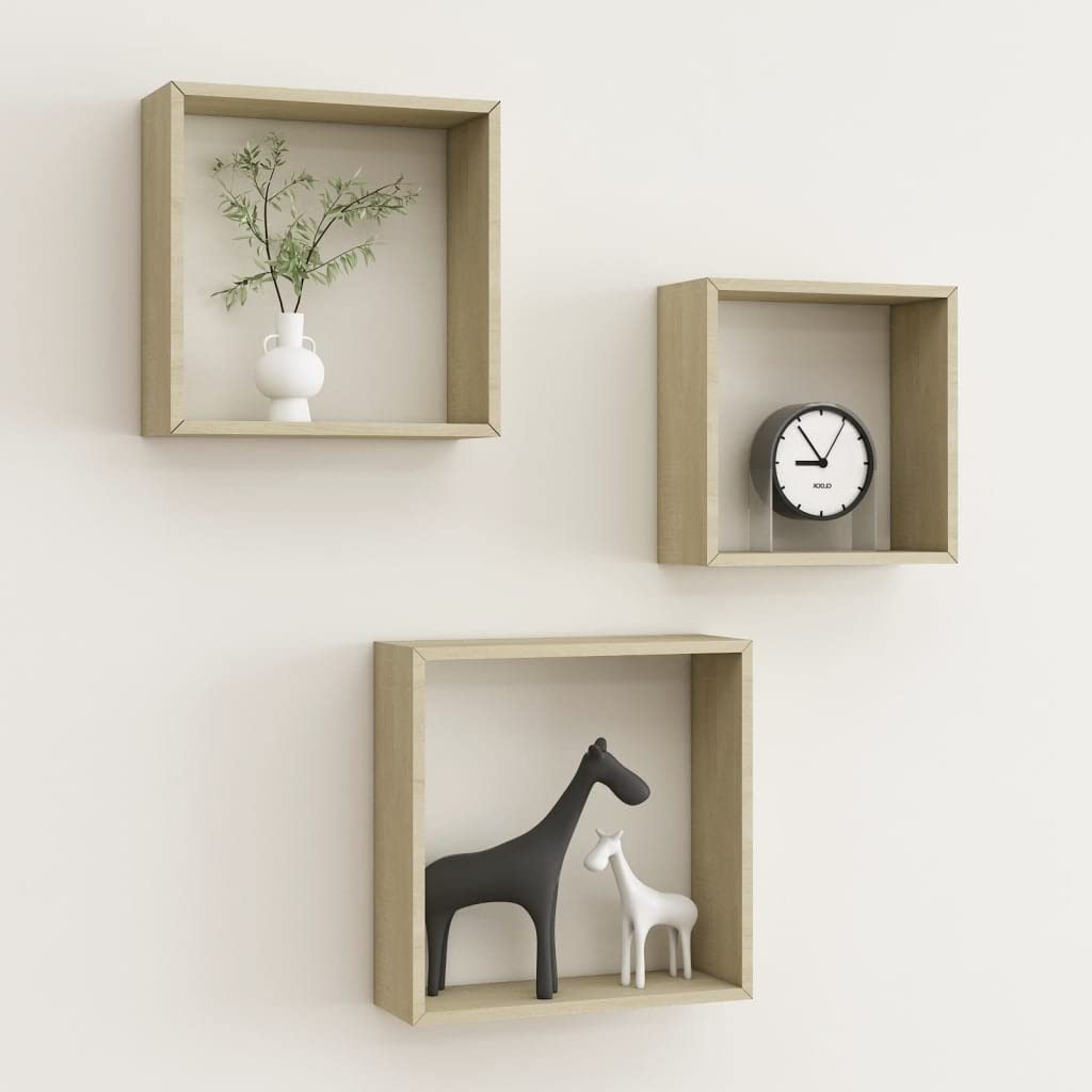 vidaXL Set of 3 Sonoma Oak Wall Cube Shelves - Modern, Durable MDF Floating Shelves for Display and Storage, Easy Installation