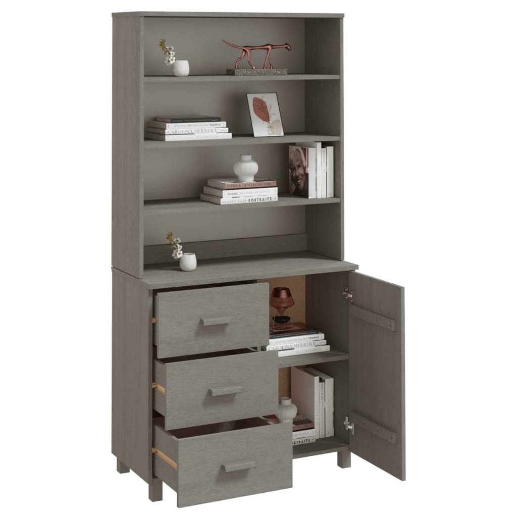 vidaXL Drawer Cabinet Bookshelf Organizer - Solid Pinewood, 3 Drawers, 3 Shelves, Light Gray, 35.4&quot; x 15.7&quot; x 70.9&quot;