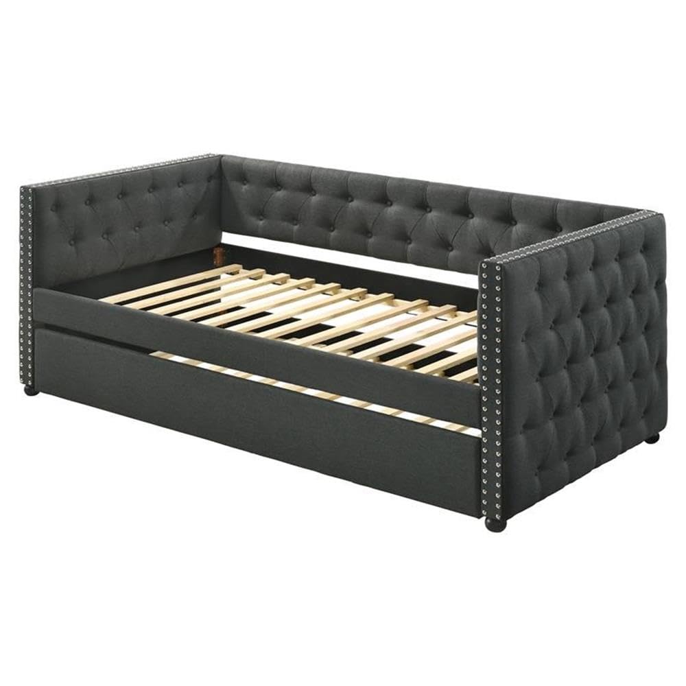 Acme Romona Button Tufted Fabric Upholstered Twin Daybed and Trundle in Gray