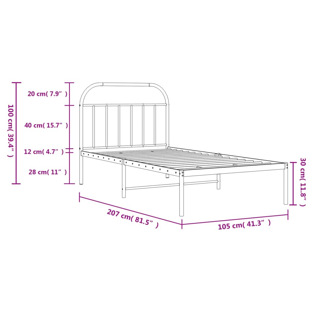 vidaXL Robust Powder-Coated Steel Construction Single Bed Frame with Headboard, Metal Slats and Legs, Extra Under-Bed Storage Space, Black, 39.4"x78.7"