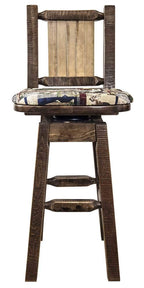 Montana Woodworks Homestead Collection Barstool with Back & Swivel, Upholstered Seat, Woodland Pattern with Laser Engraved Pine Tree Design, Stained & Lacquered
