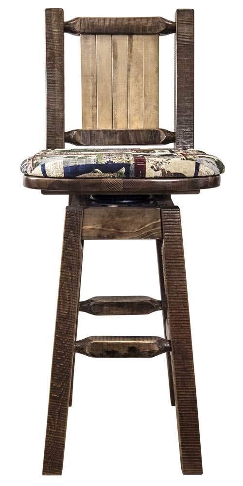Montana Woodworks Homestead Collection Barstool with Back & Swivel, Upholstered Seat, Woodland Pattern with Laser Engraved Pine Tree Design, Stained & Lacquered
