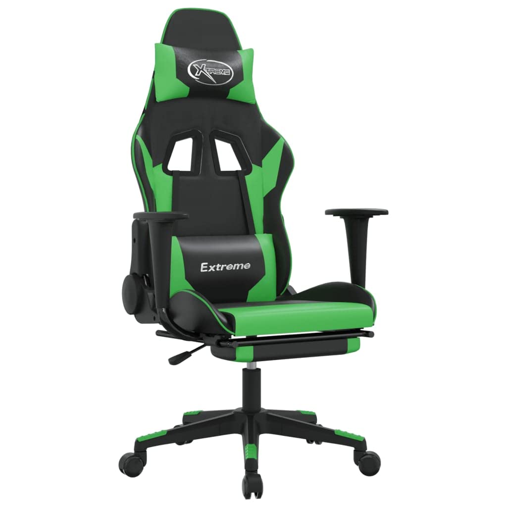 vidaXL Adjustable Reclining Gaming Chair with Footrest, Comfortable Seating, 360 Degree Swivel, Faux Leather, Black and Green, Ideal for Gamers