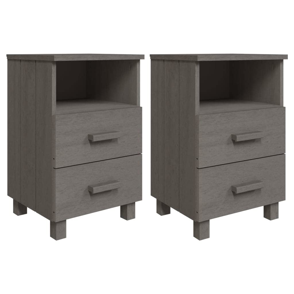 vidaXL Nightstand Set of 2 - Light Gray Pine Wood Bedside Storage Cabinets with Drawers and Open Compartment for Bedroom/Living Room