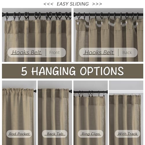 Rustic Livingroom 108 Inch Length Linen Textured Curtains,2 Panels Back Tab Hooks Belt Track Burlap Flax Weave Light Filtering Semi Sheer Drapes,9Ft Extra Long Curtains For High Window,Taupe,52'X108'