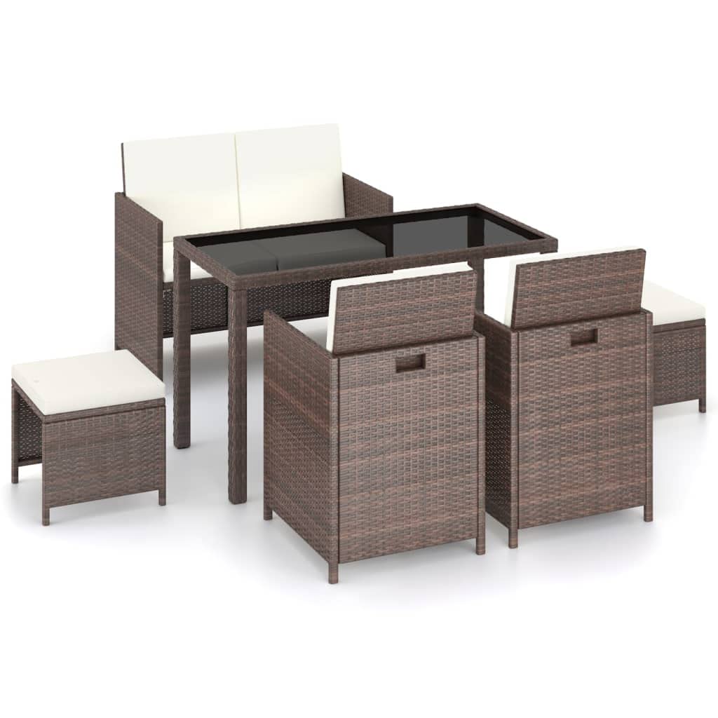 6 Piece Outdoor Dining Set with Cushions Poly Rattan Brown