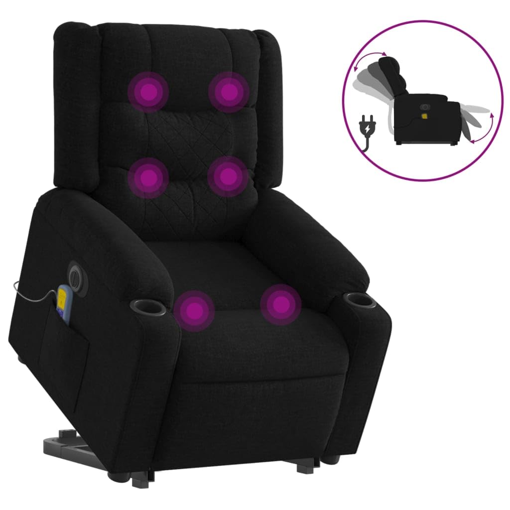 vidaXL Electric Massage Recliner Chair - Black Fabric Stand up Power Lift Armchair with Vibration Massage, Cup Holders for Livin