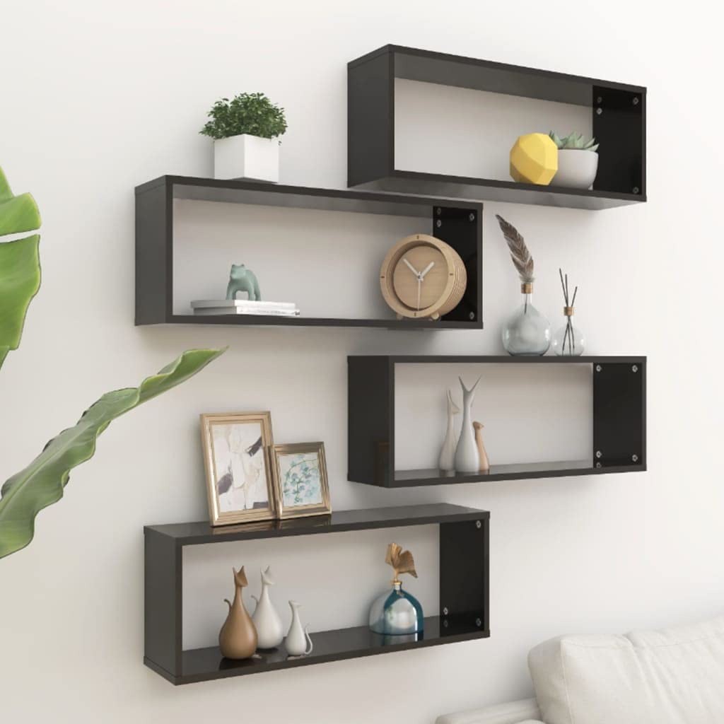 vidaXL Wall Cube Shelves 4 pcs Black 23.6"x5.9"x9.1" Engineered Wood