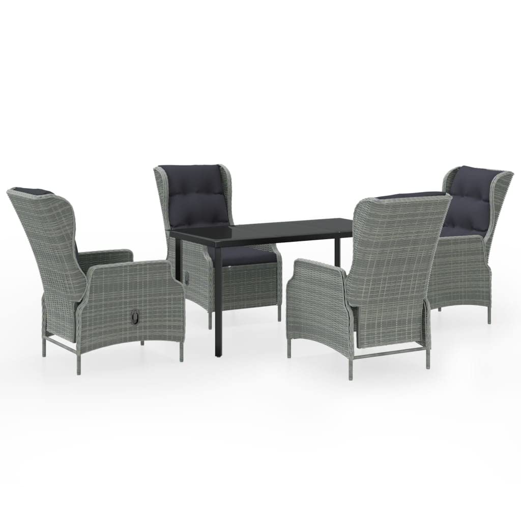 vidaXL 5-Piece Patio Dining Set - Outdoor Relaxation Furniture - Includes Adjustable Reclining Chairs with Cushions, Table Steel Frame PE Rattan in Light Gray