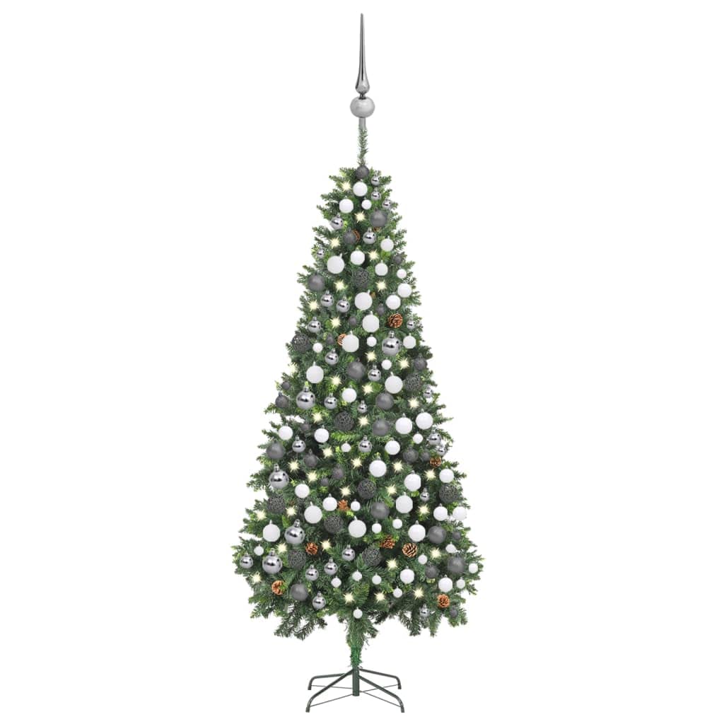 Vidaxl Artificial Christmas Tree 82.7&quot;, Pre-Lit With Usb Led Lights, Pine Cones And Ball Set, Indoor Xmas Holiday Decor, Green And Gray