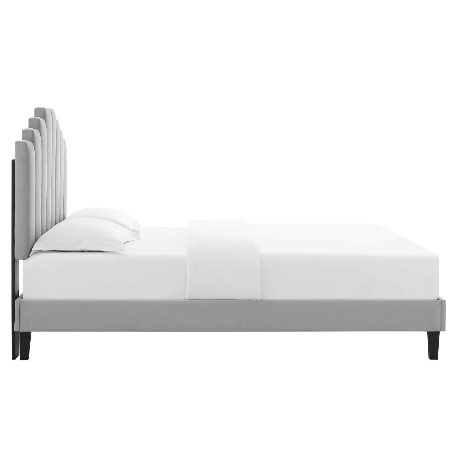 Modway Elise Channel Tufted Performance Velvet Full Platform Bed In White With Black Wood Legs, Light Gray