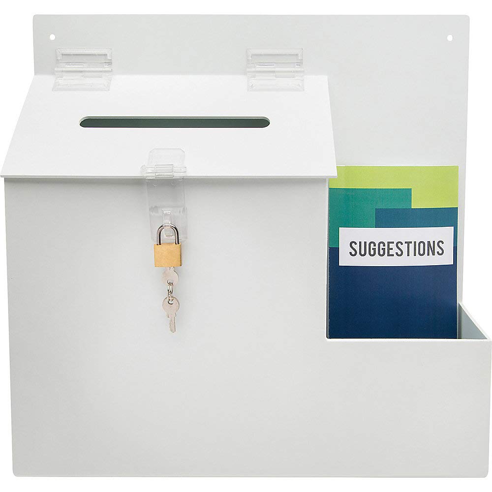 Deflecto 79803 Plastic Suggestion Box With Locking Top, 13 3/4 X 3 5/8 X 13 15/16, White