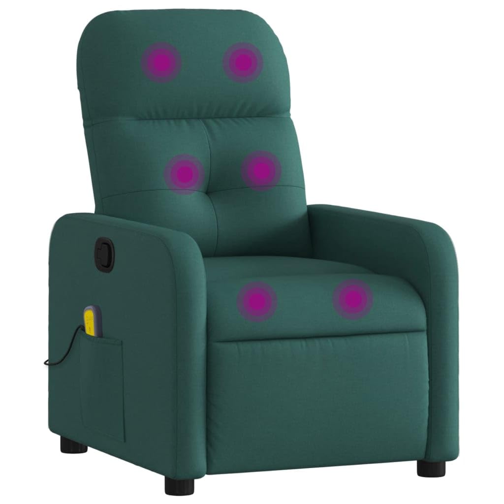 vidaXL Dark Green Massage Recliner Chair - Fabric Upholstered Manual Reclining Armchair with Vibration Massage, Side Pocket, and