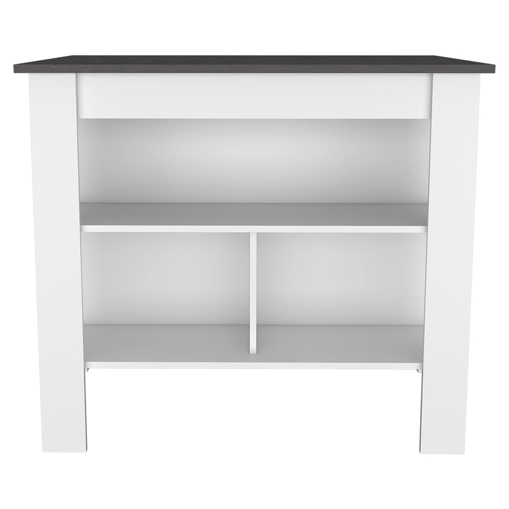 Kitchen Island, Kitchen Table 35" H, 4 Legs, 3 Open Storage Shelves, White/Onix