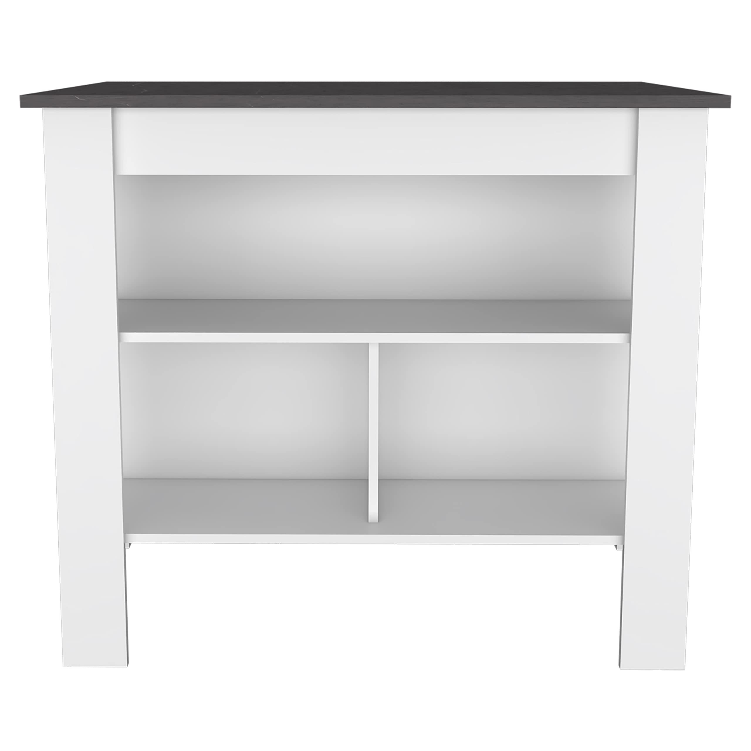 Kitchen Island, Kitchen Table 35" H, 4 Legs, 3 Open Storage Shelves, White/Onix