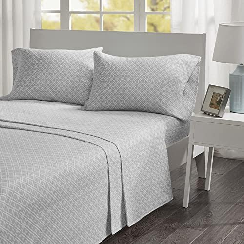 Comfort Spaces Cotton Flannel Breathable Warm Deep Pocket Sheets With Pillow Case Bedding, King, Grey Geo 4 Piece