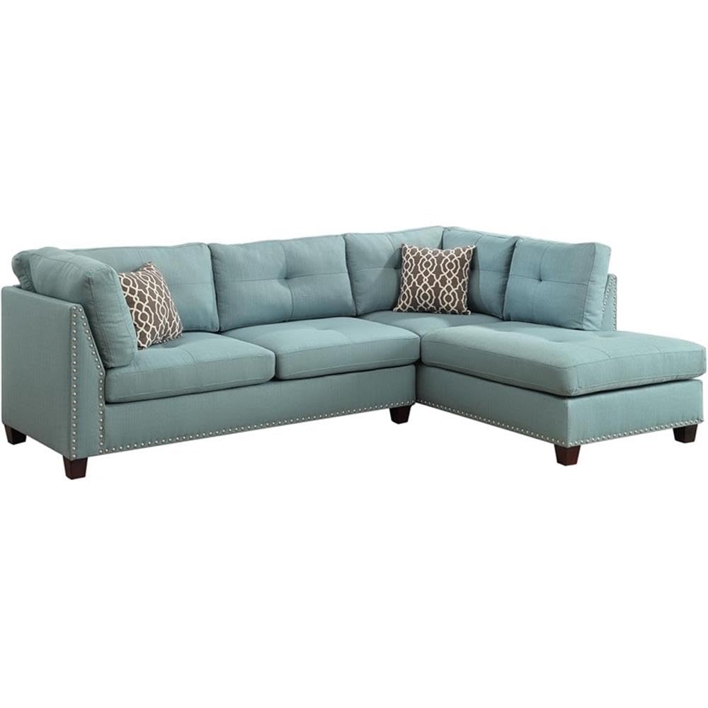 Acme Laurissa Sectional Sofa & Ottoman in Light Teal Linen Green Finish